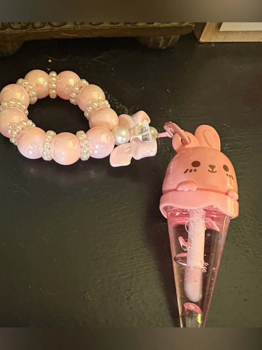 Cutest Pink Bunny Ear Lipgloss with Beaded Wrist Strap !